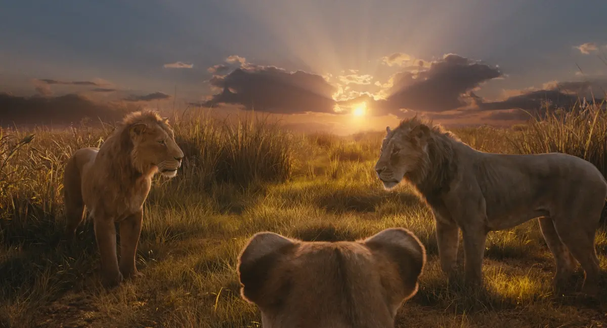 (L-R): Mufasa (voiced by Aaron Pierre), Eshe (Thandiwe Newton), and Taka (Kelvin Harrison Jr.) in Disney’s live-action MUFASA: THE LION KING. Photo courtesy of Disney. © 2024 Disney Enterprises Inc. All Rights Reserved.