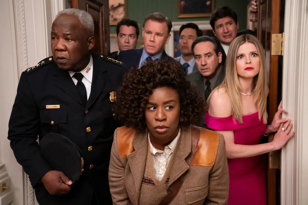 The Residence. (L to R) Isiah Whitlock Jr. as Larry Dokes, Dan Perrault as Colin Trask, Spencer Garrett as Wally Glick, Uzo Aduba as Cordelia Cupp, Randall Park as Edwin Park, Andrew Friedman as Irv Samuelson, Ken Marino as Harry Hollinger, Molly Griggs as Lilly Schumacher in episode 101 of The Residence. Cr. Erin Simkin/Netflix \\u00A9 2024 , ERIN SIMKIN/NETFLIX