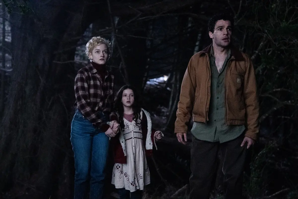 (from left) Charlotte (Julia Garner), Ginger (Matilda Firth) and Blake (Christopher Abbott) in Wolf Man, directed by Leigh Whannell. \\u00A9 2025 Universal Studios. All Rights Reserved.