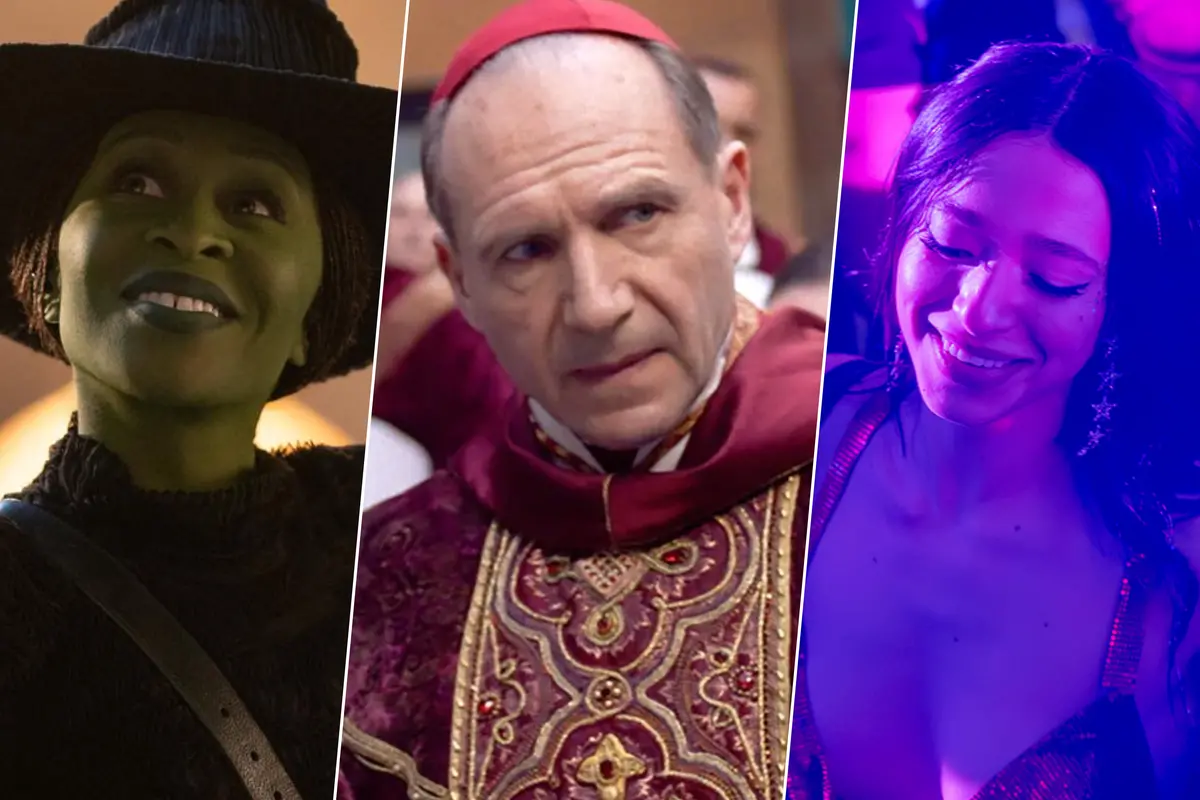 Cynthia Erivo in Wicked (Giles Keyte/Universal Pictures \\u00A9 Universal Studios); Ralph Fiennes in Conclave (Focus Features / courtesy Everett Collection); Mikey Madison in Anora (Universal Pictures)